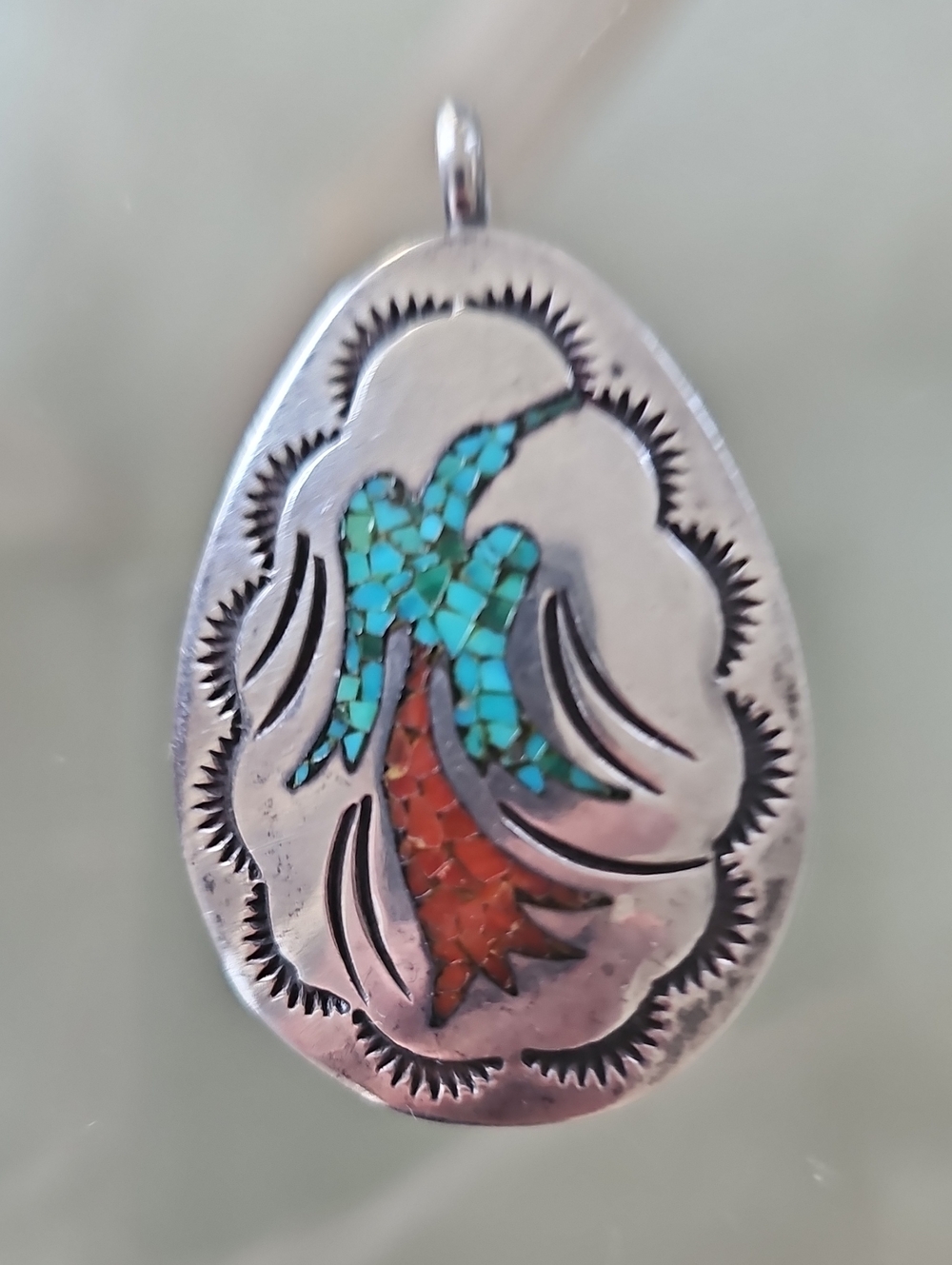 Vintage Zuni Judy Wallace JW Sterling Hummingbird Inlay Pendant Turquiose Coral
